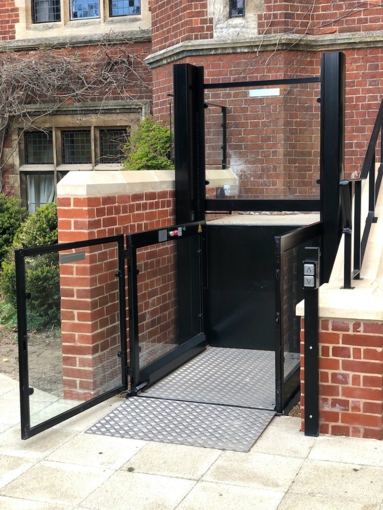 The external platform lifts at Ridley Hall are powder-coated in RAL 9005 to match the surrounding railings